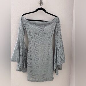 Emerald Sundae Lace Off-Shoulder Dress in Light Gray